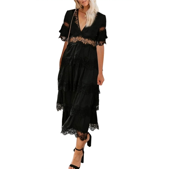 TRENDY BOHO V-NECK LACE ROMPER LONG DRESS - Picture 2 of 4